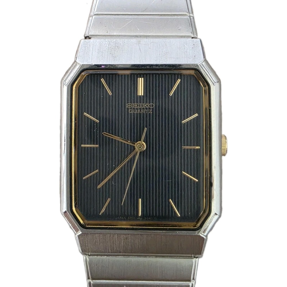 Vtg Seiko 5P31-5069 Tank Watch Two Tone Pinstripe BlackDial Speidel Stretch Band